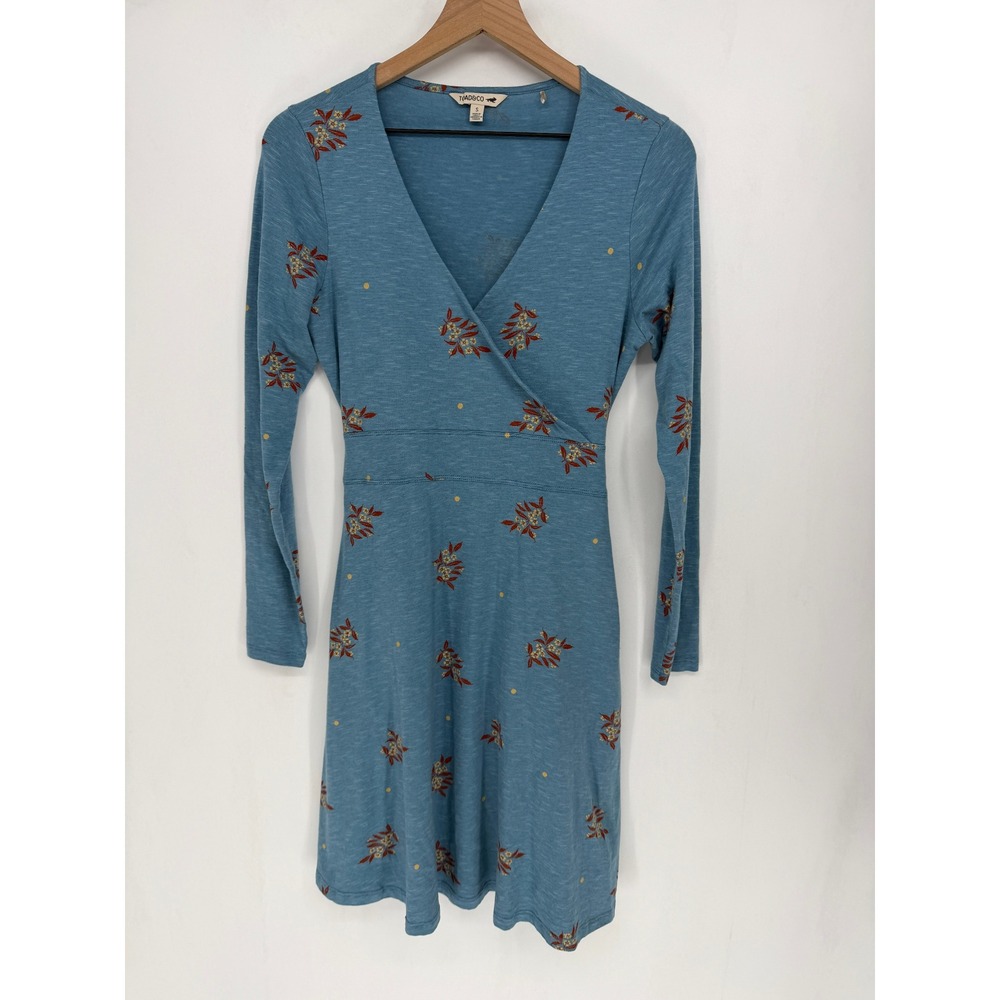 Toad&Co Cue Wrap Dress Small Blue Floral Long Sleeve Cotton Boho Casual Eco